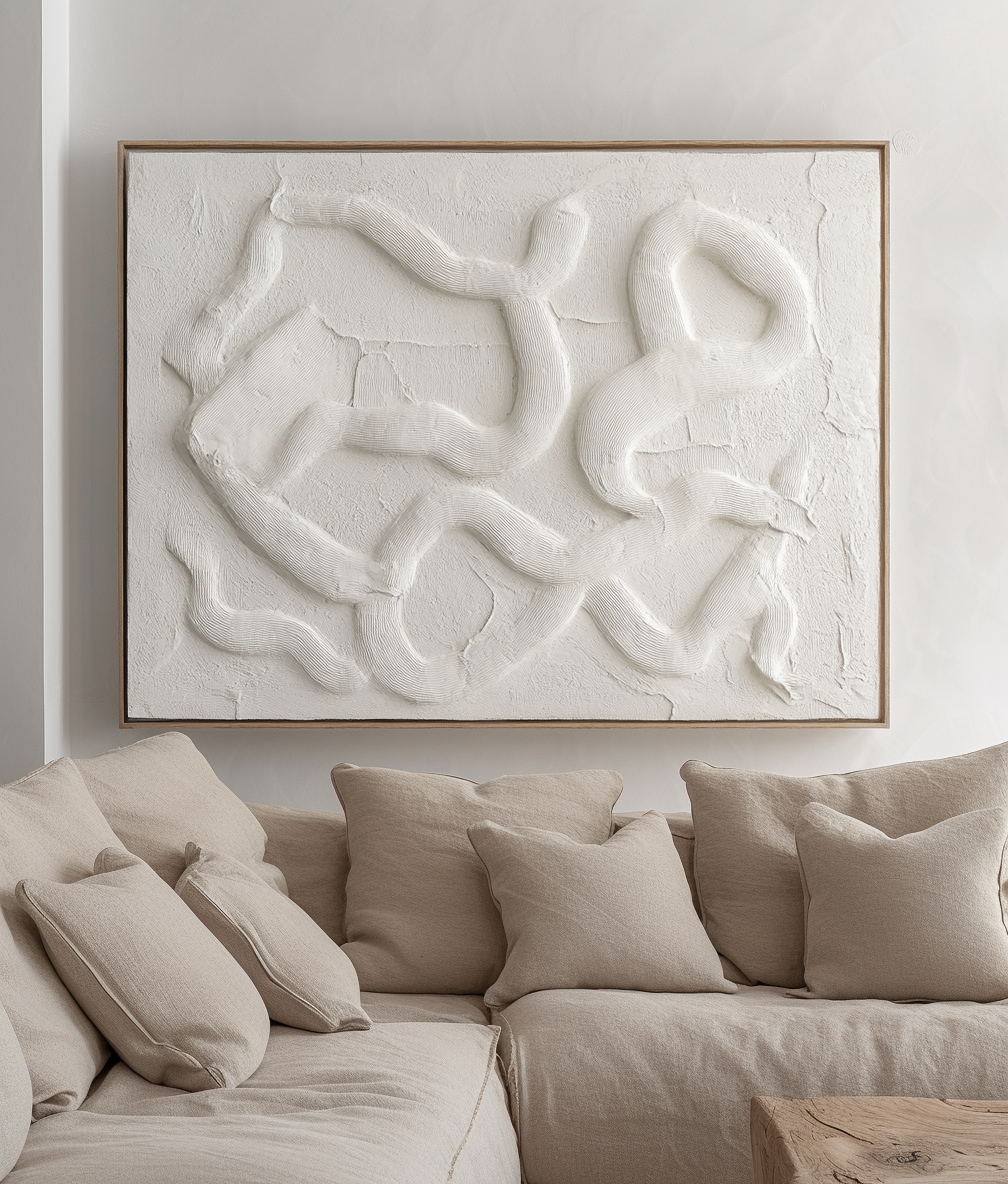 Tranquil - Textured Abstract Wall Art, Beige Curved Lines 3D Relief Painting for Home Decor