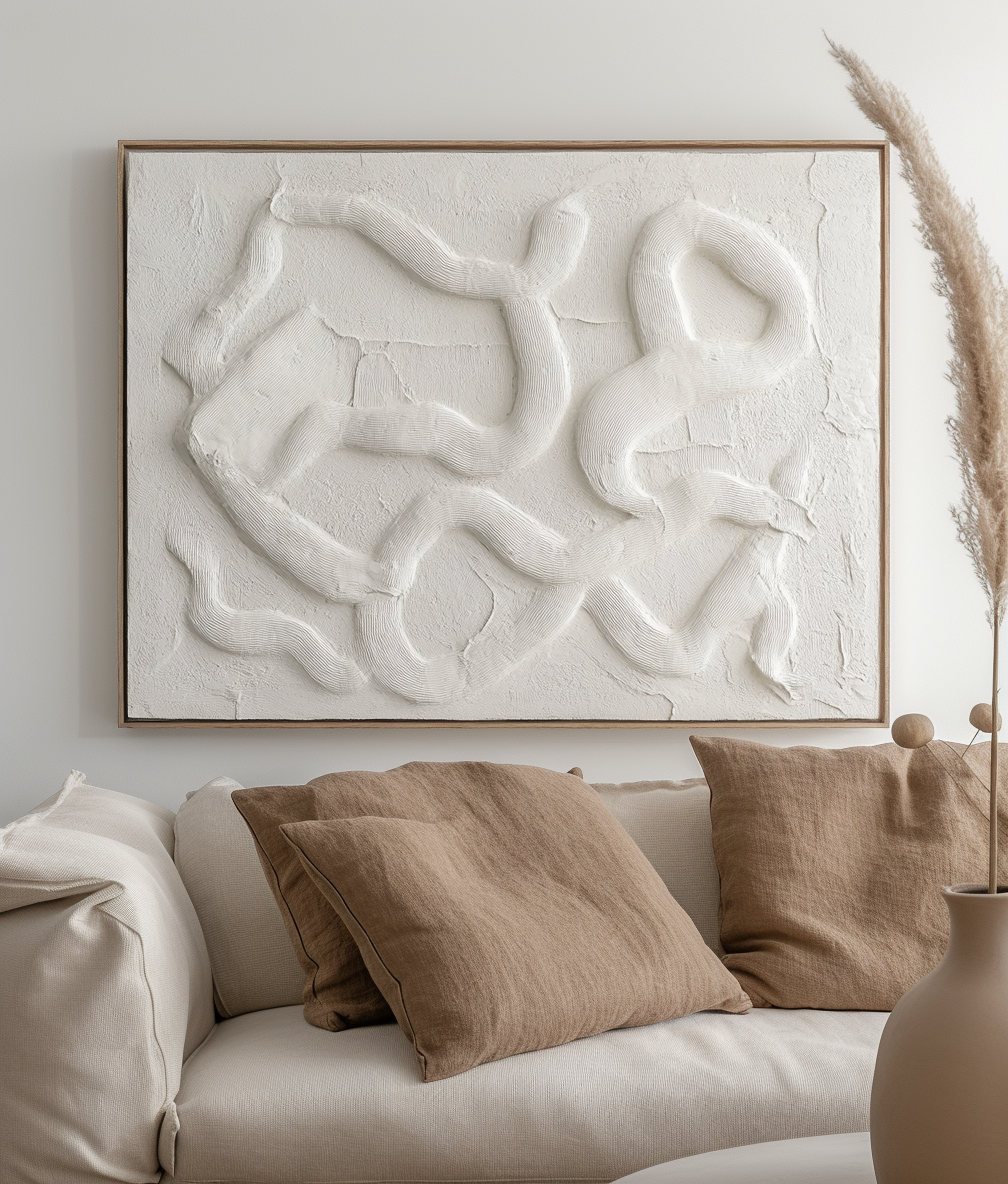 Tranquil - Textured Abstract Wall Art, Beige Curved Lines 3D Relief Painting for Home Decor