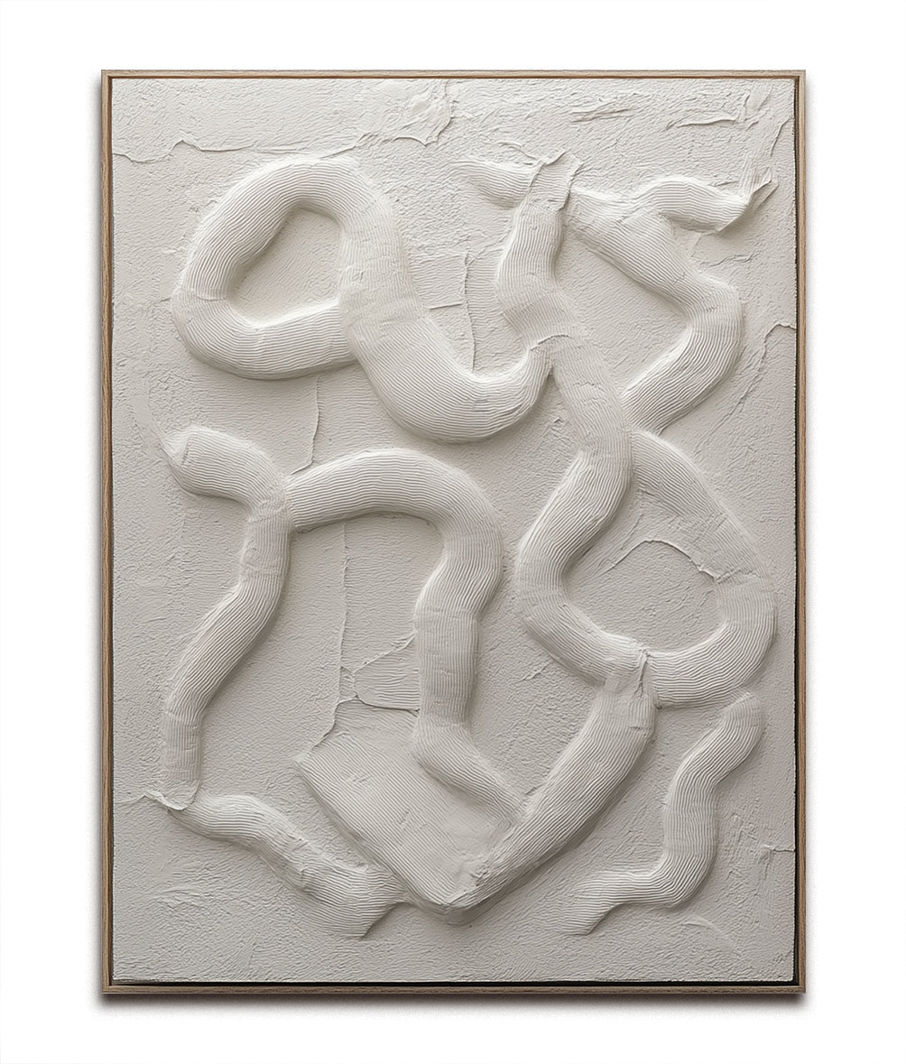 Textured Abstract Wall Art - Beige Curved Lines 3D Relief Painting for Home Decor