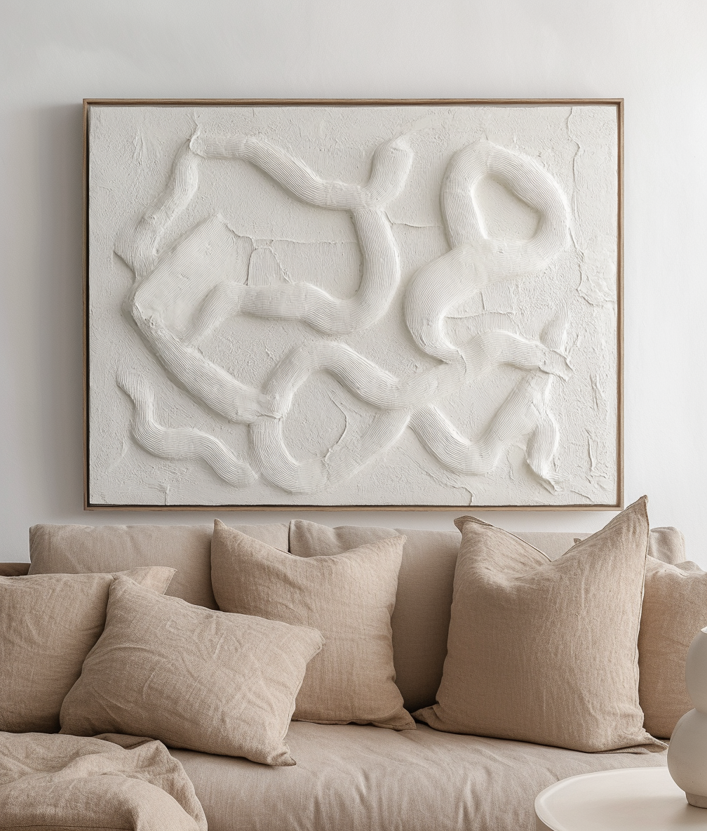 Tranquil - Textured Abstract Wall Art, Beige Curved Lines 3D Relief Painting for Home Decor