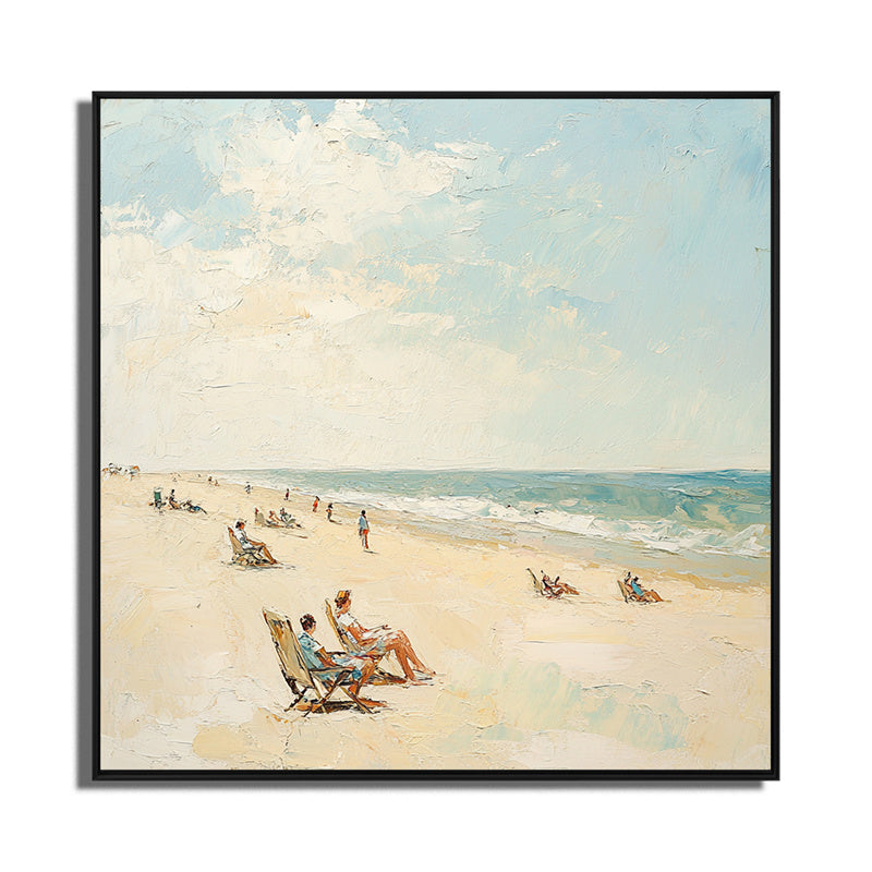 Coastal Beach Scene Oil Painting - Vibrant Seaside Art with Figures, Relaxing Decor for Living Rooms
