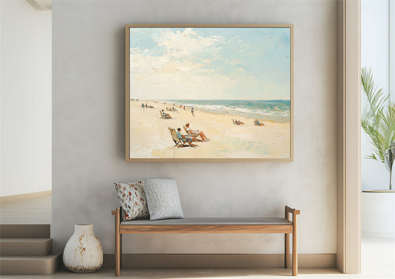 Sunny Beach Escape: Coastal Beach Scene Oil Painting - Vibrant Seaside Art with Figures, Relaxing Decor for Living Rooms