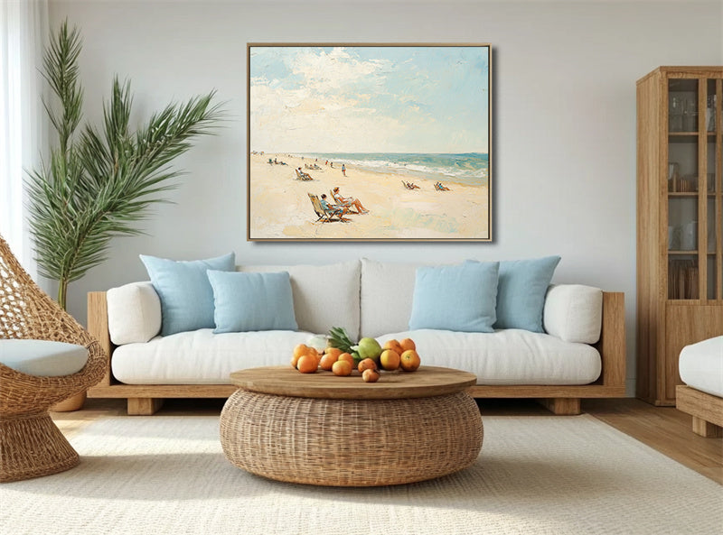 Sunny Beach Escape: Coastal Beach Scene Oil Painting - Vibrant Seaside Art with Figures, Relaxing Decor for Living Rooms