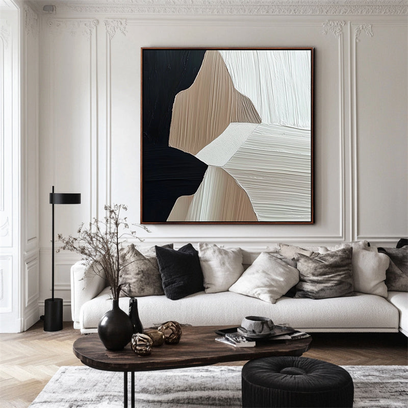 Harmony of Forms-Modern Abstract Geometric Textured Wall Art - Framed Canvas Painting in Black, Beige and Brown Tones