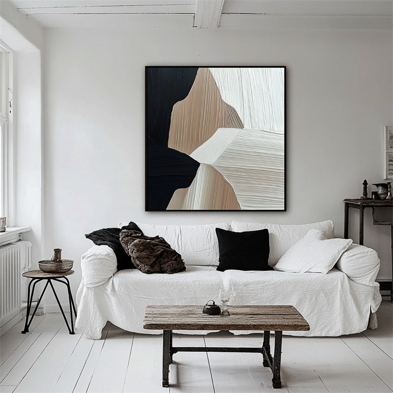 Harmony of Forms-Modern Abstract Geometric Textured Wall Art - Framed Canvas Painting in Black, Beige and Brown Tones