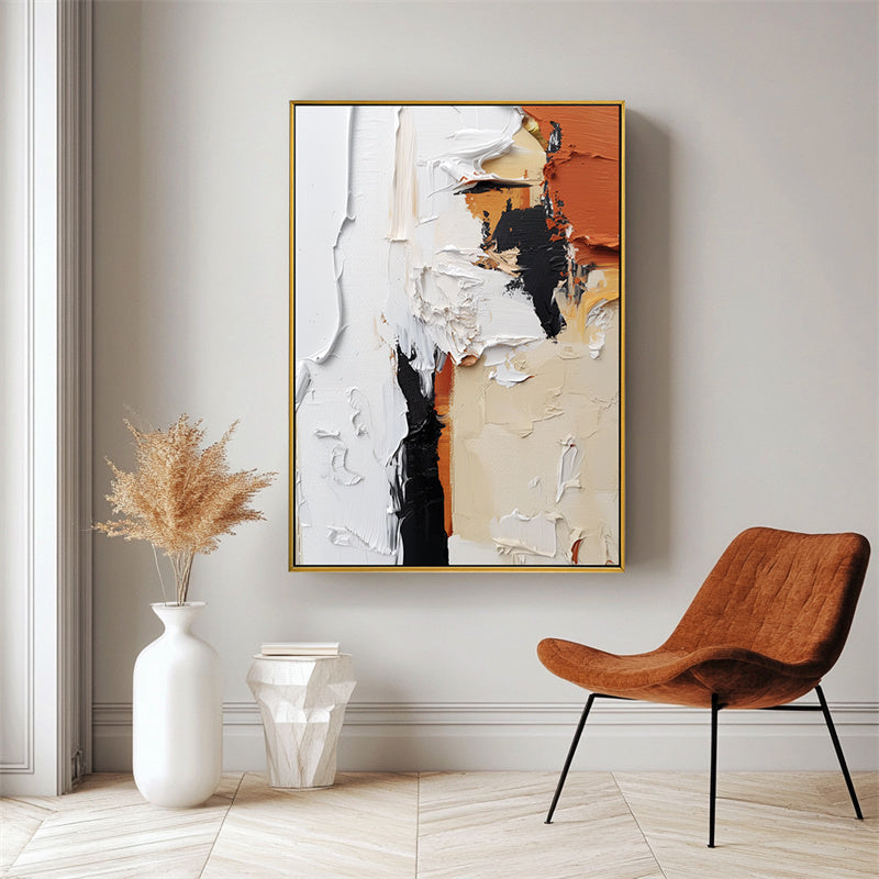 Stylish Impasto Abstract Wall Art - Modern Black, White & Orange Hues