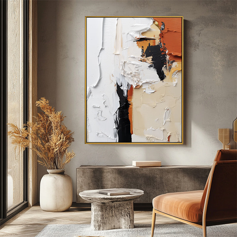 Stylish Impasto Abstract Wall Art - Modern Black, White & Orange Hues