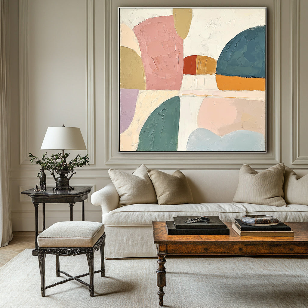 Harmonic Horizons-Abstract Geometric Oil Painting with Soft Muted Colors , Modern Wall Art for Living Room & Bedroom Home Decoration