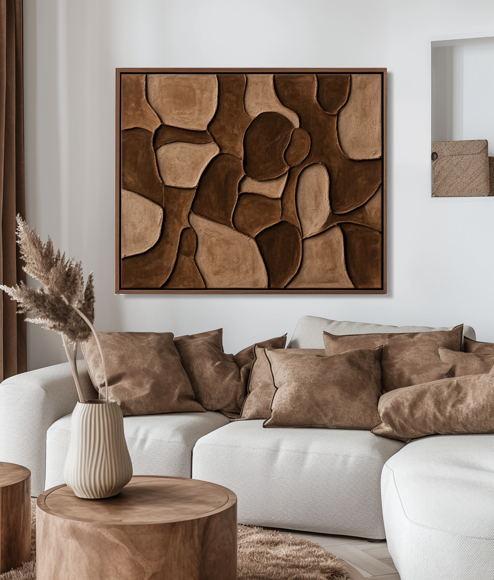 Earthen Mosaic-Brown Tones Textured Abstract Wall Art with Organic Shapes , Modern Home Decor for Living Room & Bedroom