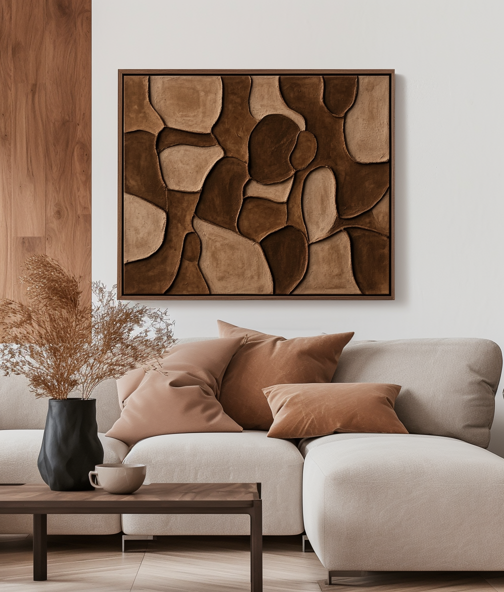 Earthen Mosaic-Brown Tones Textured Abstract Wall Art with Organic Shapes , Modern Home Decor for Living Room & Bedroom