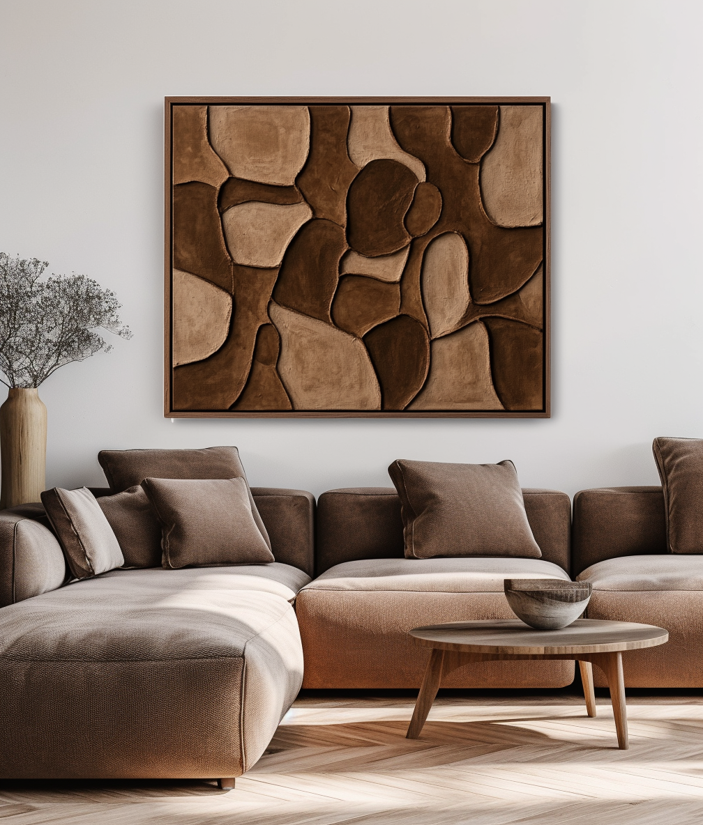 Earthen Mosaic-Brown Tones Textured Abstract Wall Art with Organic Shapes , Modern Home Decor for Living Room & Bedroom