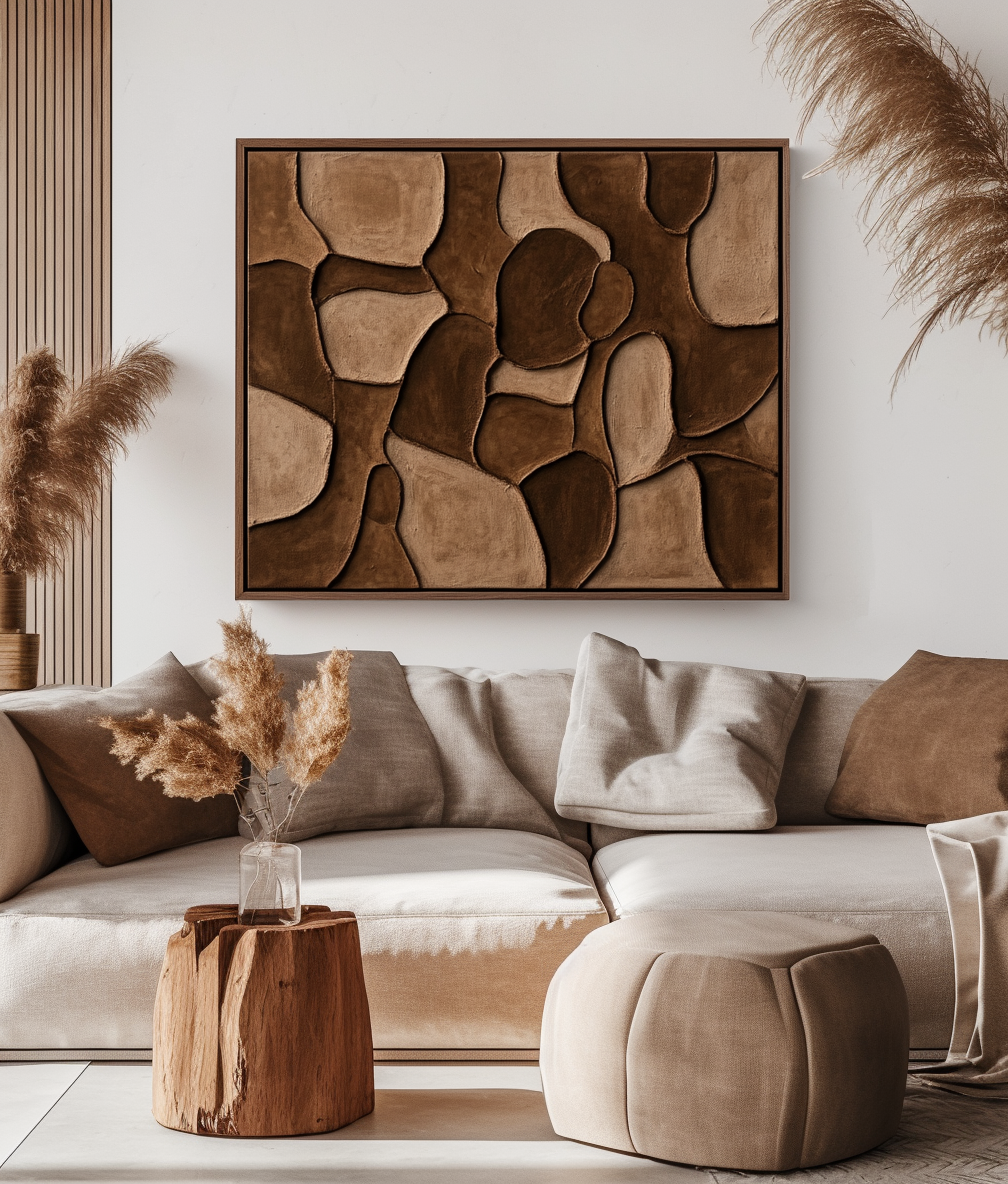 Earthen Mosaic-Brown Tones Textured Abstract Wall Art with Organic Shapes , Modern Home Decor for Living Room & Bedroom