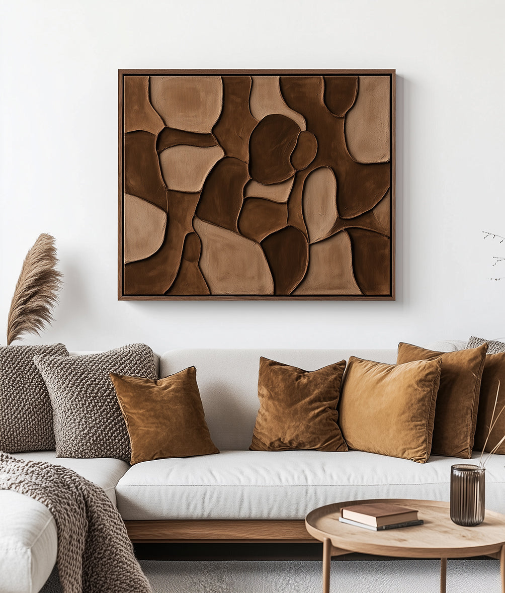 Earthen Mosaic-Brown Tones Textured Abstract Wall Art with Organic Shapes , Modern Home Decor for Living Room & Bedroom