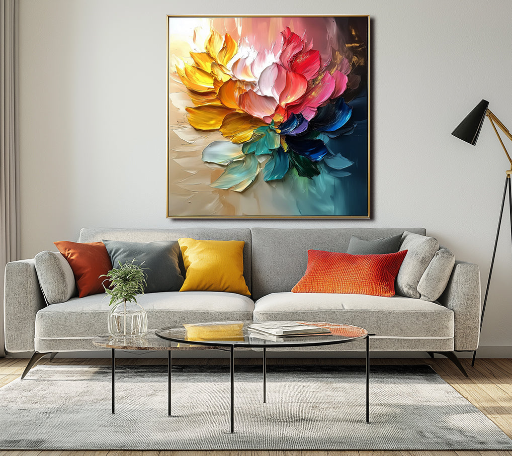 Radiant Petalscape-Colorful 3D Textured Floral Oil Painting, Modern Wall Art for Living Room & Bedroom Home Decoration