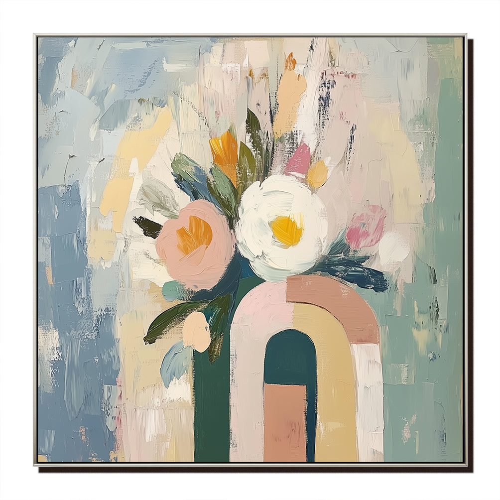 Abstract Floral Bouquet in Geometric Vase Oil Painting - Modern Home Decor for Living Room & Bedroom