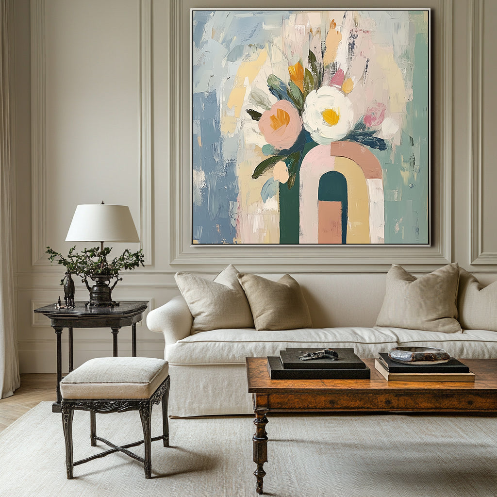 Blooming Archway-Abstract Floral Bouquet in Geometric Vase Oil Painting , Modern Home Decor for Living Room & Bedroom
