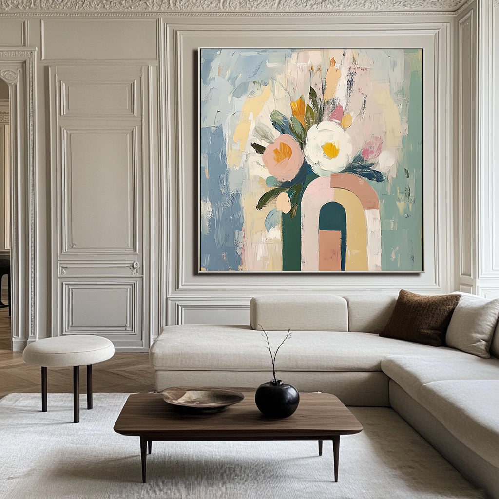 Blooming Archway-Abstract Floral Bouquet in Geometric Vase Oil Painting , Modern Home Decor for Living Room & Bedroom