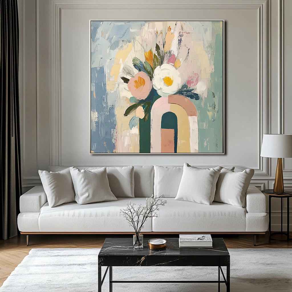 Blooming Archway-Abstract Floral Bouquet in Geometric Vase Oil Painting , Modern Home Decor for Living Room & Bedroom