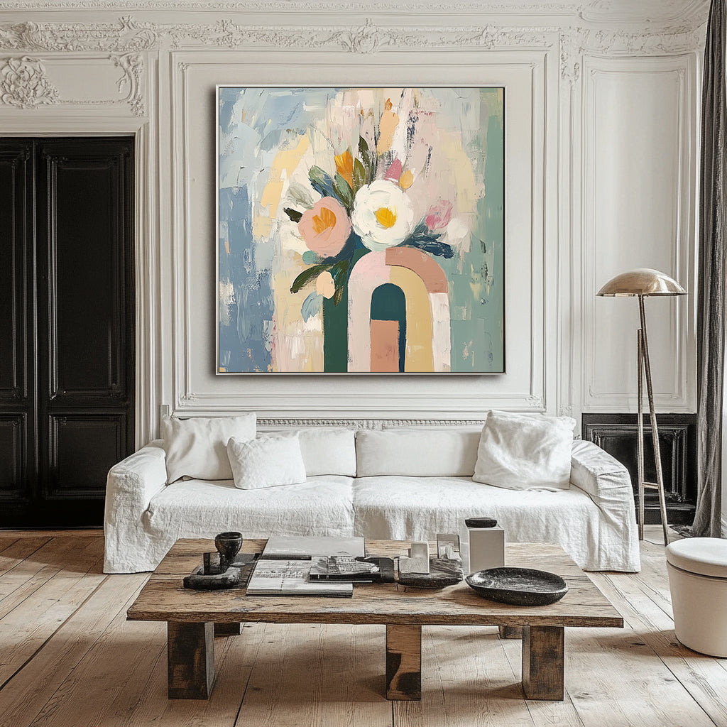 Blooming Archway-Abstract Floral Bouquet in Geometric Vase Oil Painting , Modern Home Decor for Living Room & Bedroom