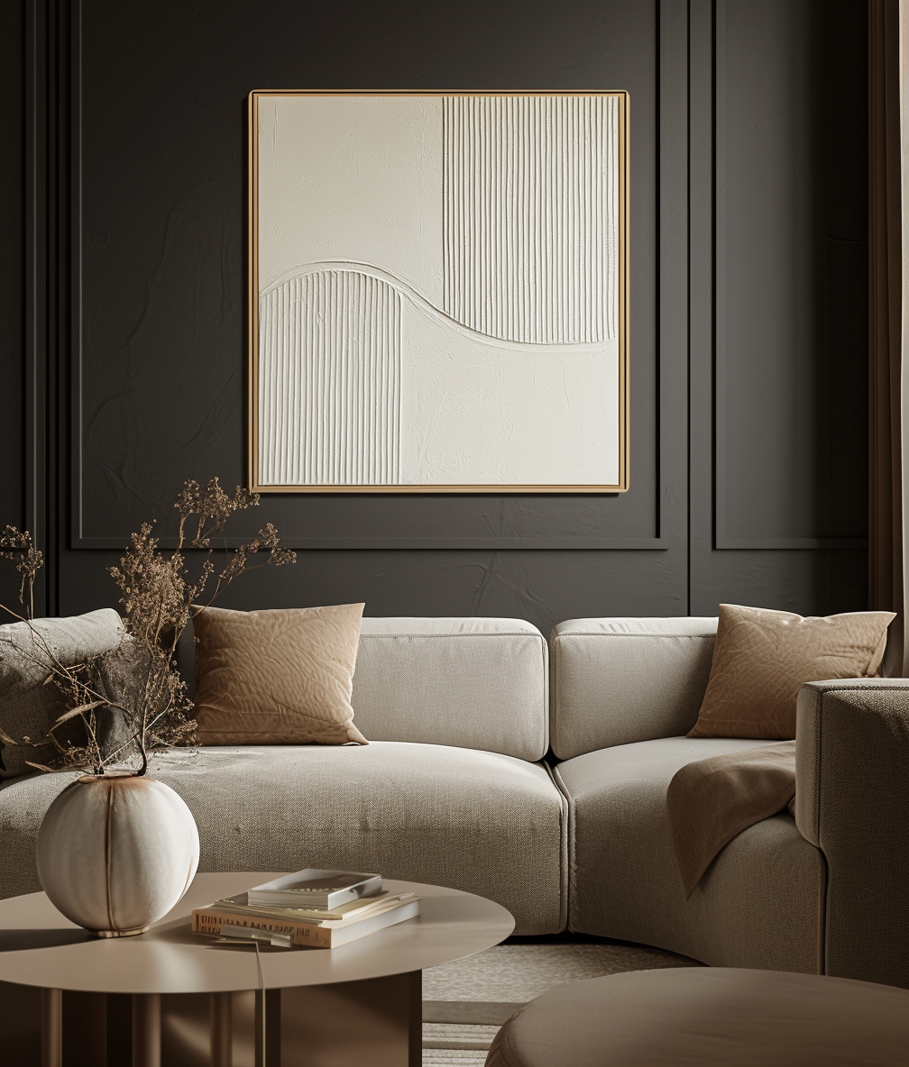 Linear Serenity-Neutral Tones Textured Abstract Wall Art with Curved Lines, Modern Minimalist Home Decor for Living Room & Bedroom