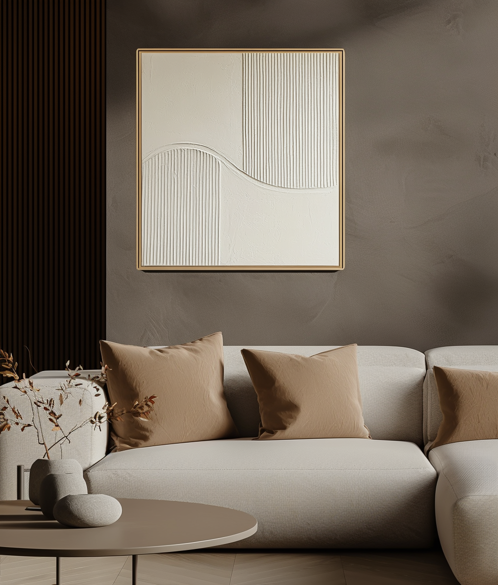 Linear Serenity-Neutral Tones Textured Abstract Wall Art with Curved Lines, Modern Minimalist Home Decor for Living Room & Bedroom