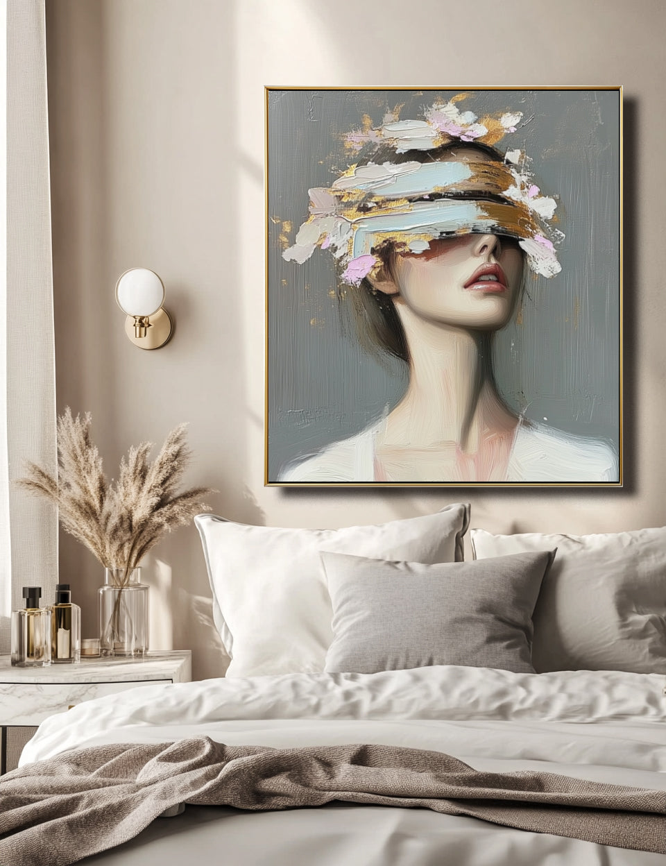 Veiled Perception-Woman with Blindfold Eye Cover, Gold Pink Brushstrokes Contemporary Oil Painting