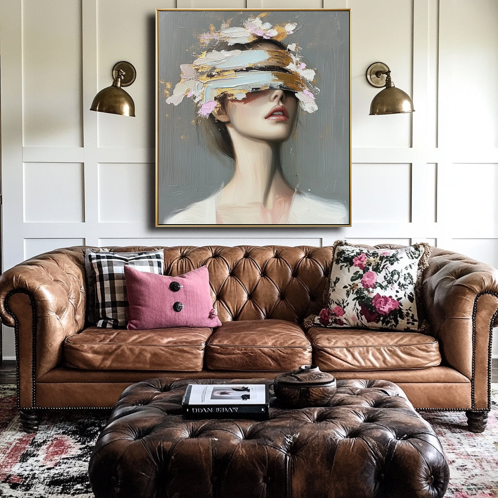 Veiled Perception-Woman with Blindfold Eye Cover, Gold Pink Brushstrokes Contemporary Oil Painting