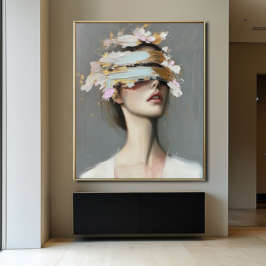 Veiled Perception-Woman with Blindfold Eye Cover, Gold Pink Brushstrokes Contemporary Oil Painting