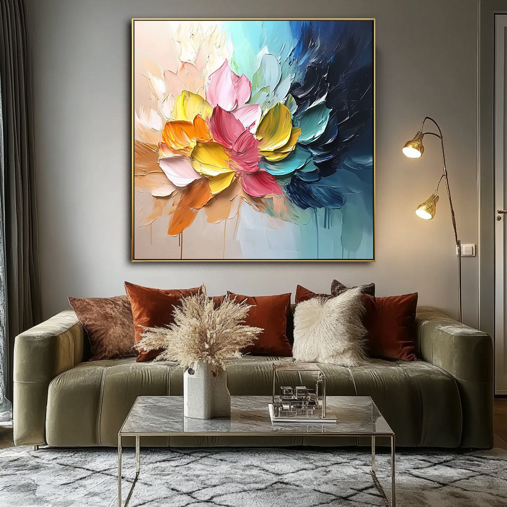 Floral Symphony-Colorful 3D Textured Floral Oil Painting with Gold Frame, Modern Abstract Wall Art for Living Room & Bedroom Home Decoration