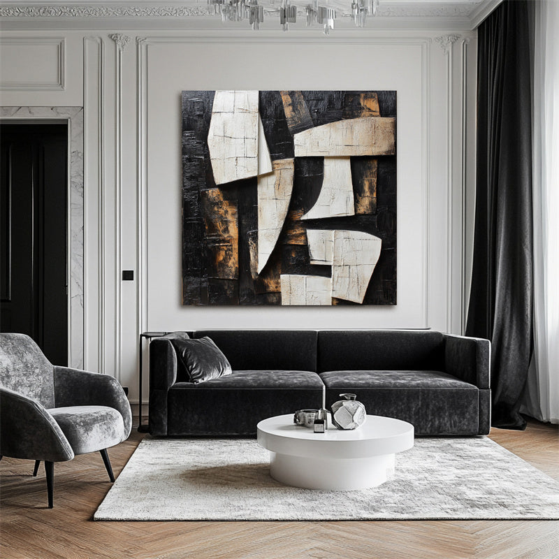 Fragmented Harmony:Textured Black & Brown Geometric Abstract Art - Modern Wall Decor