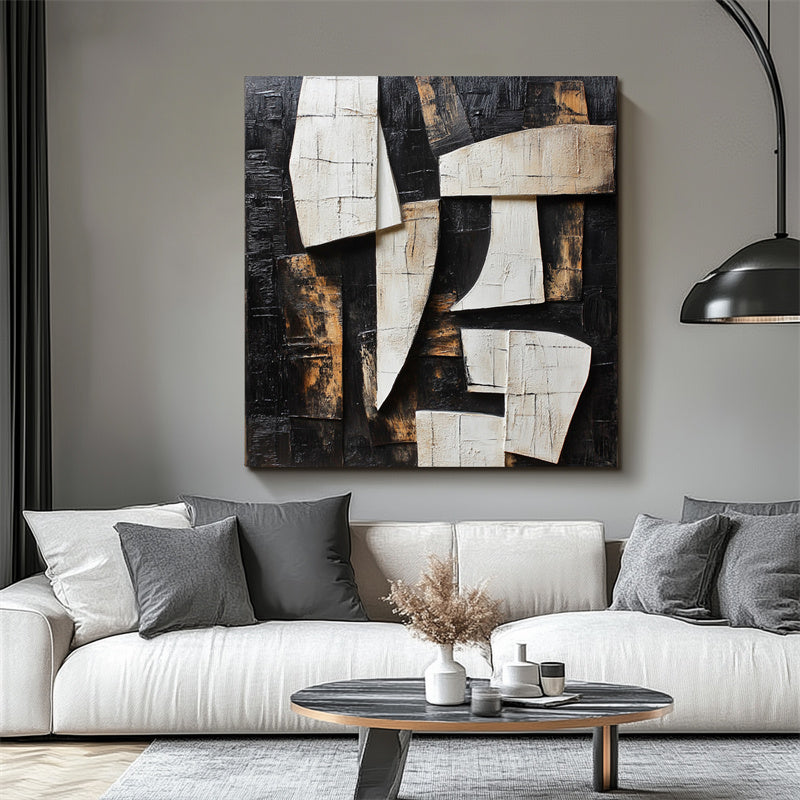Fragmented Harmony:Textured Black & Brown Geometric Abstract Art - Modern Wall Decor