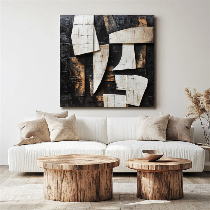 Fragmented Harmony:Textured Black & Brown Geometric Abstract Art - Modern Wall Decor