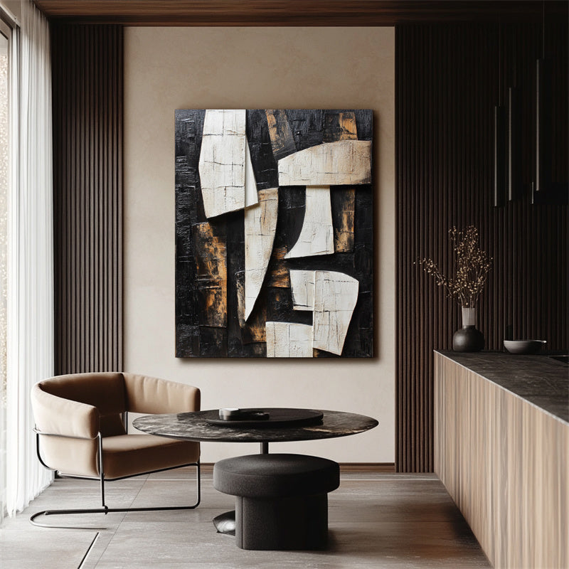 Fragmented Harmony:Textured Black & Brown Geometric Abstract Art - Modern Wall Decor
