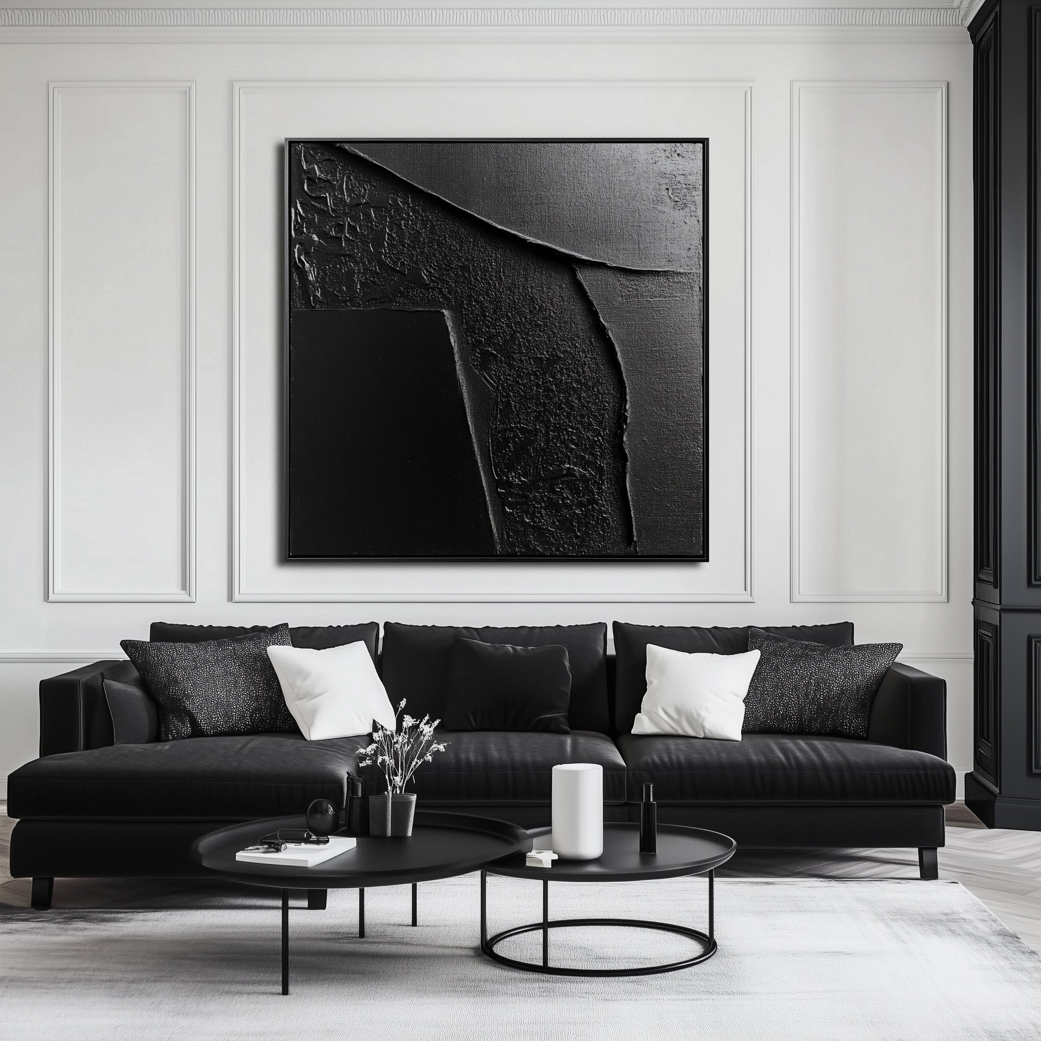 Midnight Tides:Black Textured Abstract Oil Painting - Minimalist Geometric Wall Art, Modern Decor for Contemporary Interiors