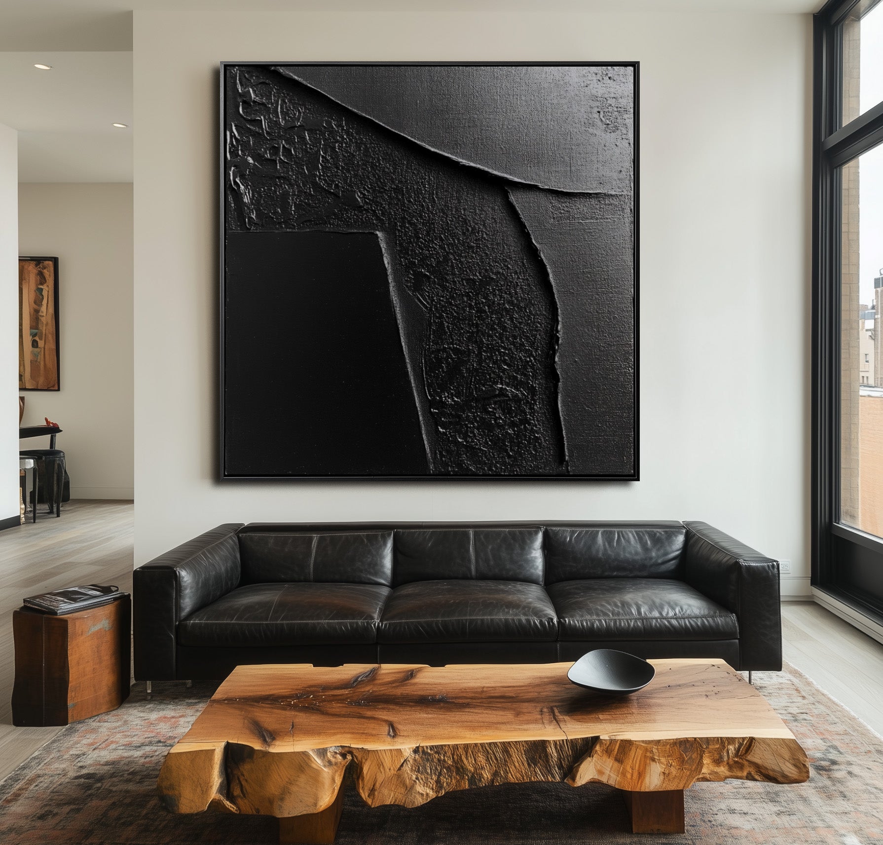 Midnight Tides:Black Textured Abstract Oil Painting - Minimalist Geometric Wall Art, Modern Decor for Contemporary Interiors