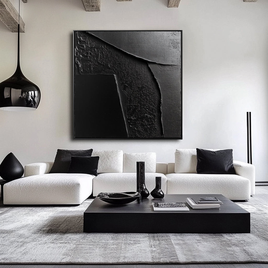 Midnight Tides:Black Textured Abstract Oil Painting - Minimalist Geometric Wall Art, Modern Decor for Contemporary Interiors
