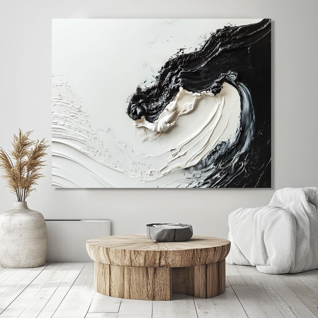 Monochrome Whirl-Black and White Impasto Textured Abstract Wall Art - Modern Minimalist Oil Painting