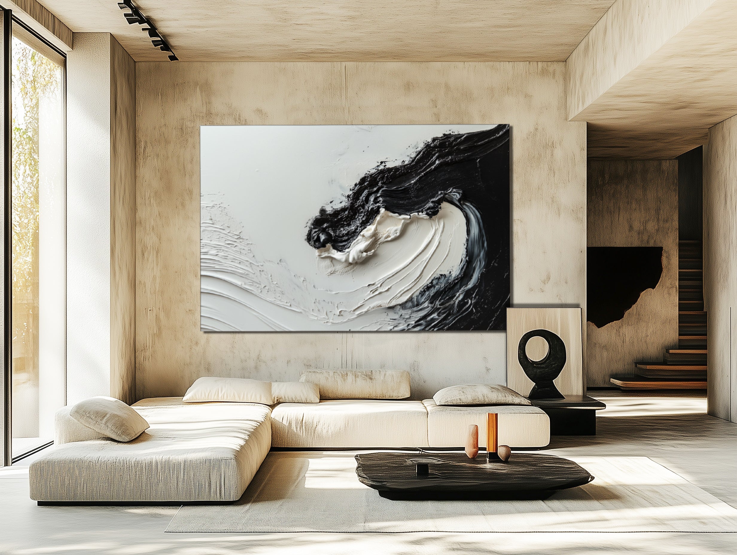 Monochrome Whirl-Black and White Impasto Textured Abstract Wall Art - Modern Minimalist Oil Painting