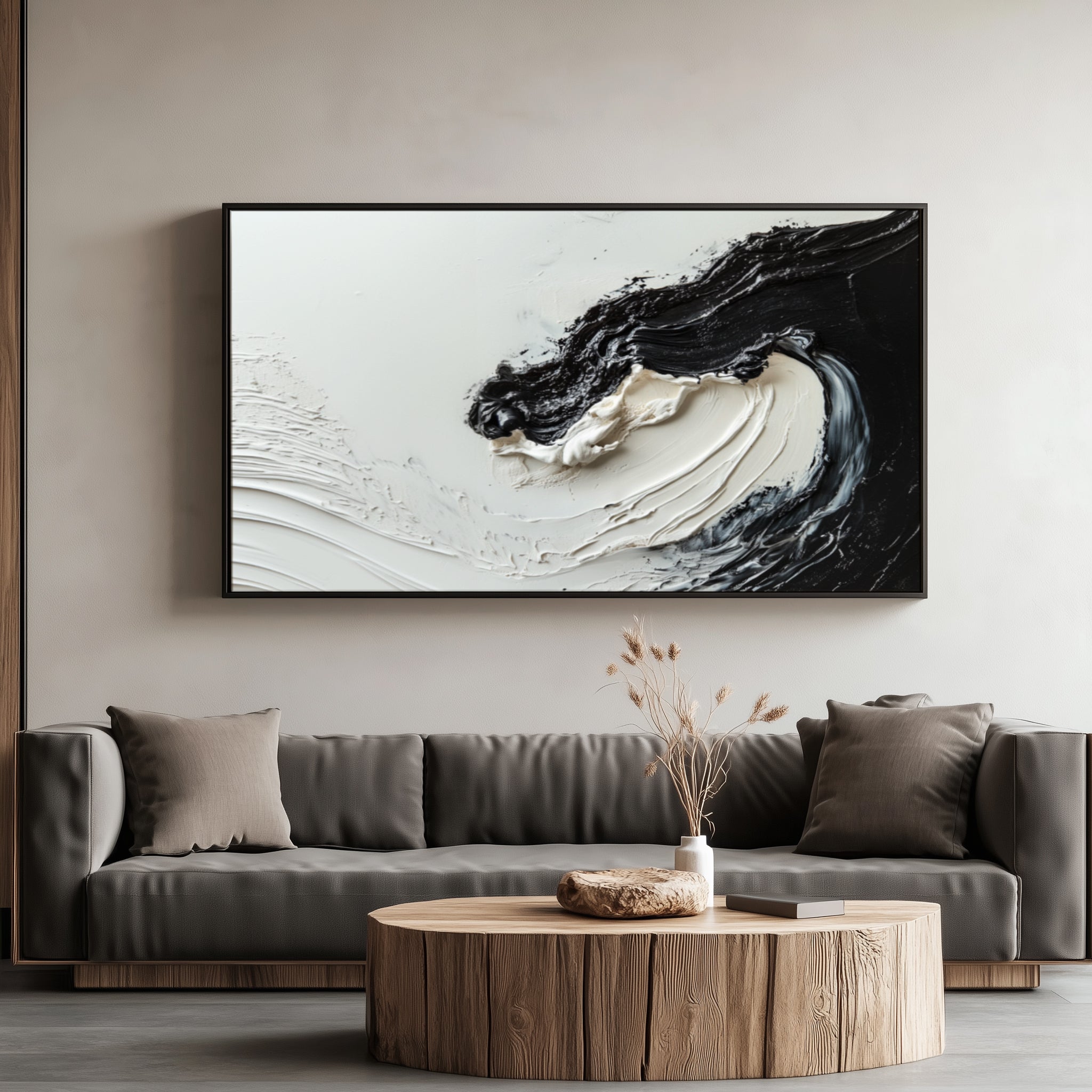 Monochrome Whirl-Black and White Impasto Textured Abstract Wall Art - Modern Minimalist Oil Painting