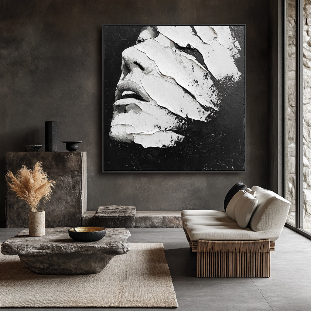 Veiled Expression: Black White Abstract Textured Portrait Wall Art - 3D Modern Framed Decor