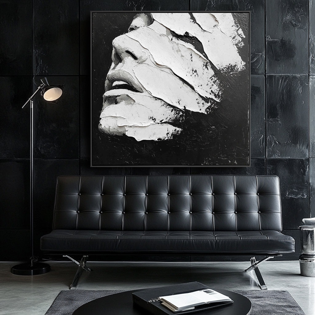 Veiled Expression: Black White Abstract Textured Portrait Wall Art - 3D Modern Framed Decor
