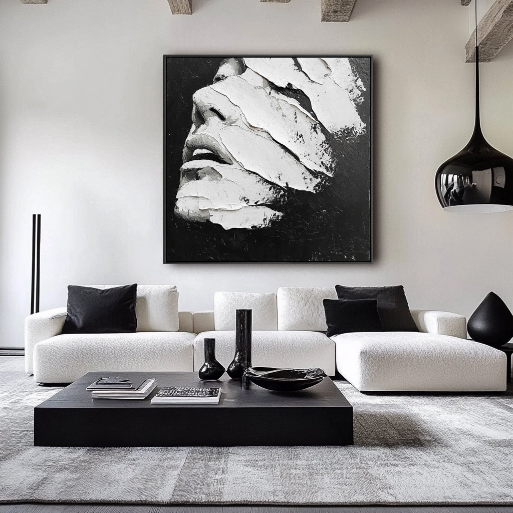 Veiled Expression: Black White Abstract Textured Portrait Wall Art - 3D Modern Framed Decor