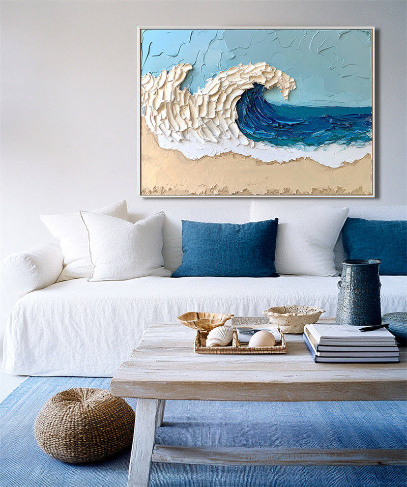 Ocean Crest: Thick Texture Seascape Painting - Blue and White Coastal Wave Art for Modern Interiors