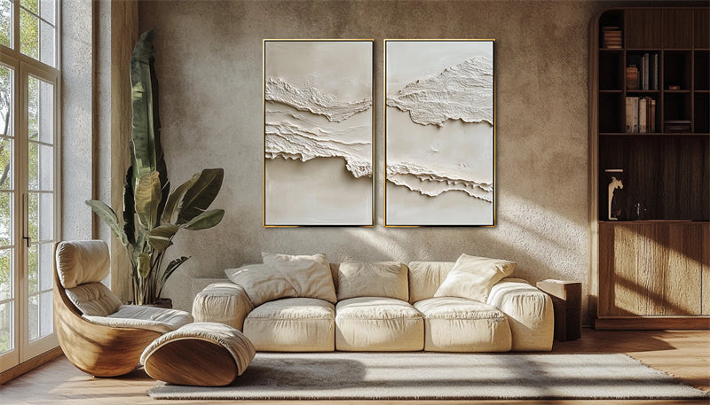 Ethereal Layers: Contemporary Impasto Diptych - Elegant Neutral Abstract Wall Art