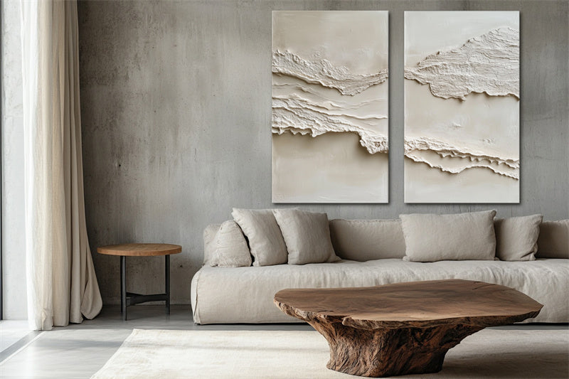 Ethereal Layers: Contemporary Impasto Diptych - Elegant Neutral Abstract Wall Art