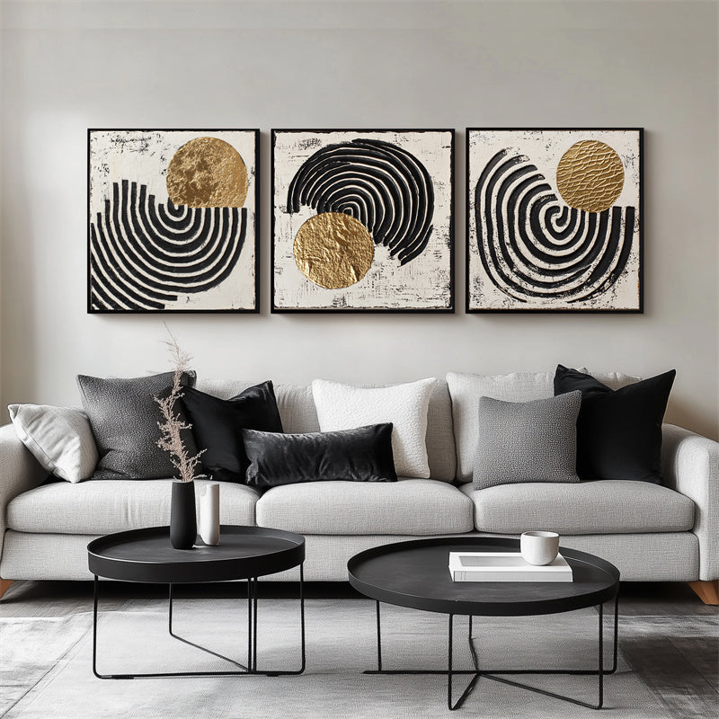 Rhythmic Triptych: Hand-Painted Black & Gold Abstract Triptych - Textured Wall Art for Modern Spaces