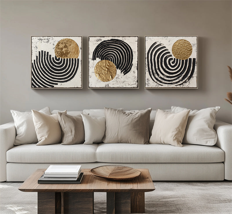 Rhythmic Triptych: Hand-Painted Black & Gold Abstract Triptych - Textured Wall Art for Modern Spaces