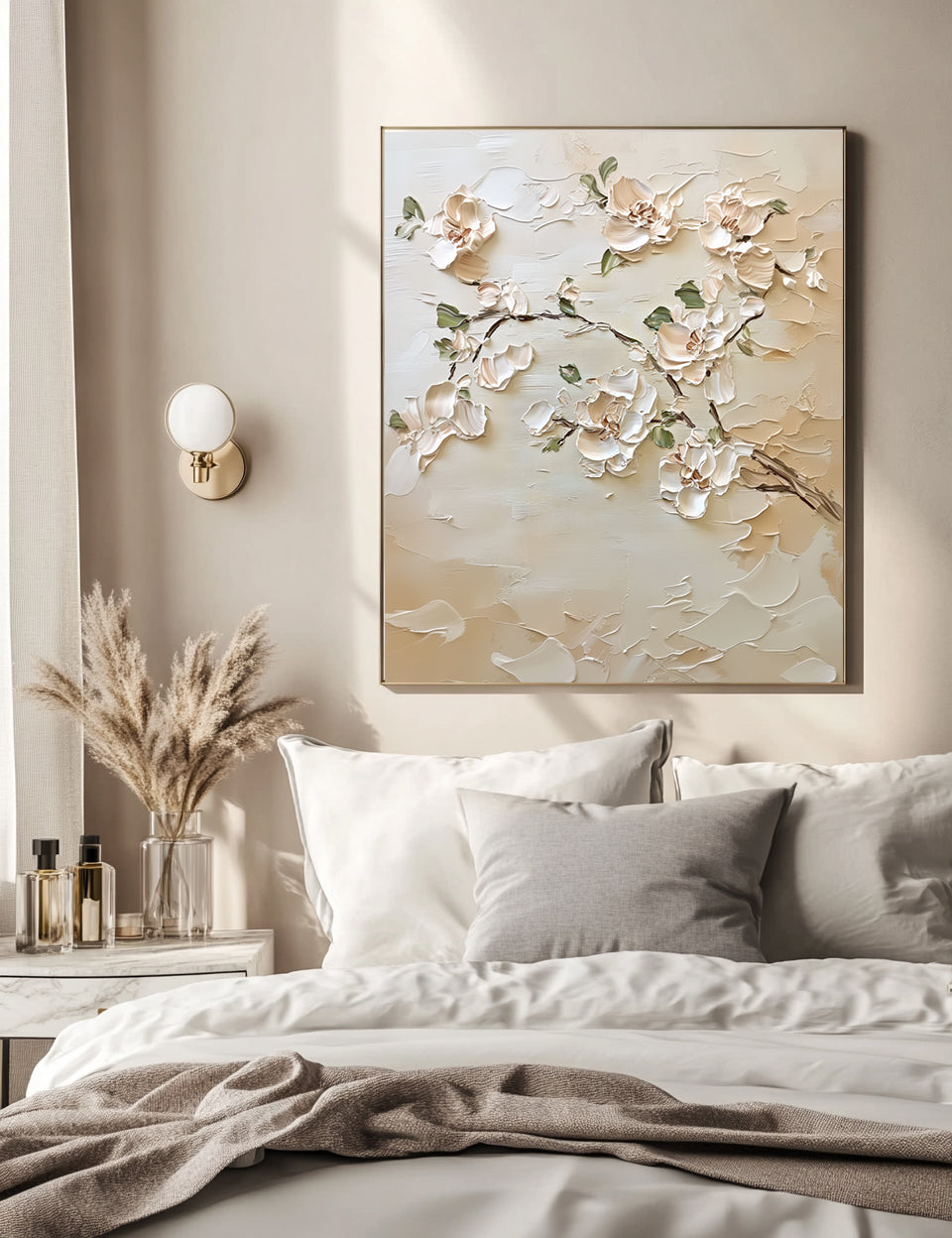 Magnolia Grace: Modern Minimalist Floral Wall Art - Cream White Impasto Textured Blossoms on Beige