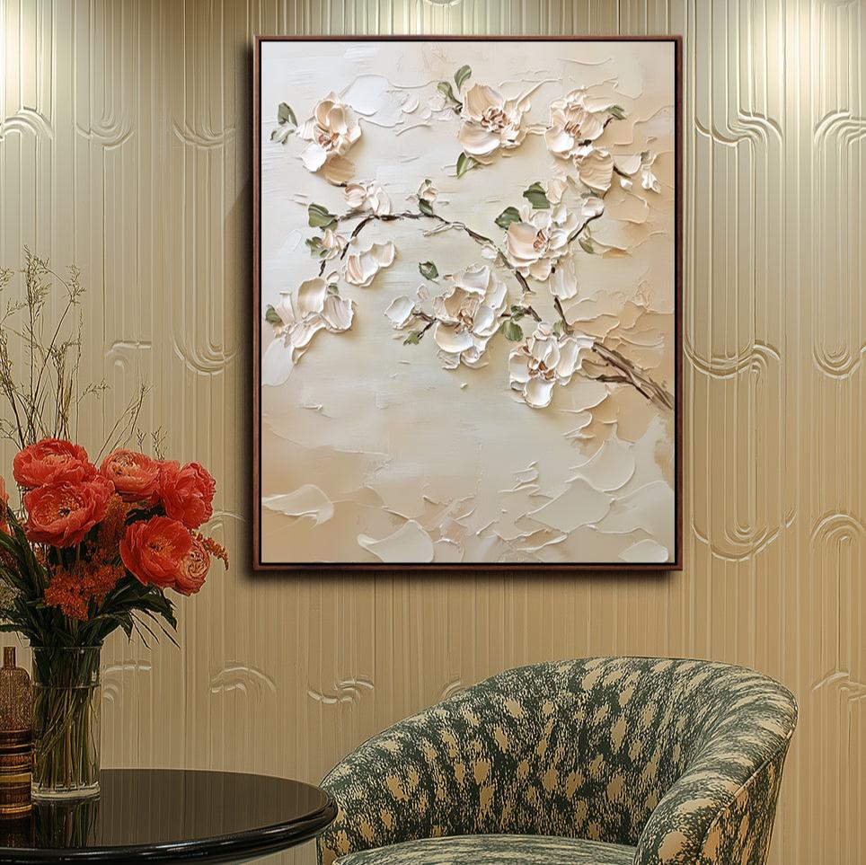 Magnolia Grace: Modern Minimalist Floral Wall Art - Cream White Impasto Textured Blossoms on Beige