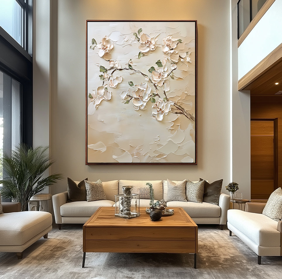 Magnolia Grace: Modern Minimalist Floral Wall Art - Cream White Impasto Textured Blossoms on Beige
